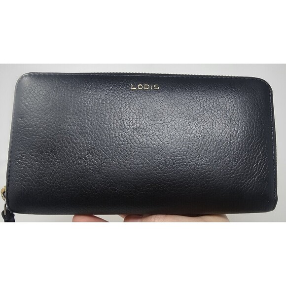 Lodis Handbags - Lodis Black Pebbled Leather Zip Around Clutch Organizer Wallet Credit Card